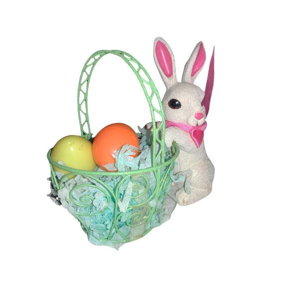 Easter Rabbit with Wire Basket  Tabletop Decor Centerpiece - Picture 2 of 10